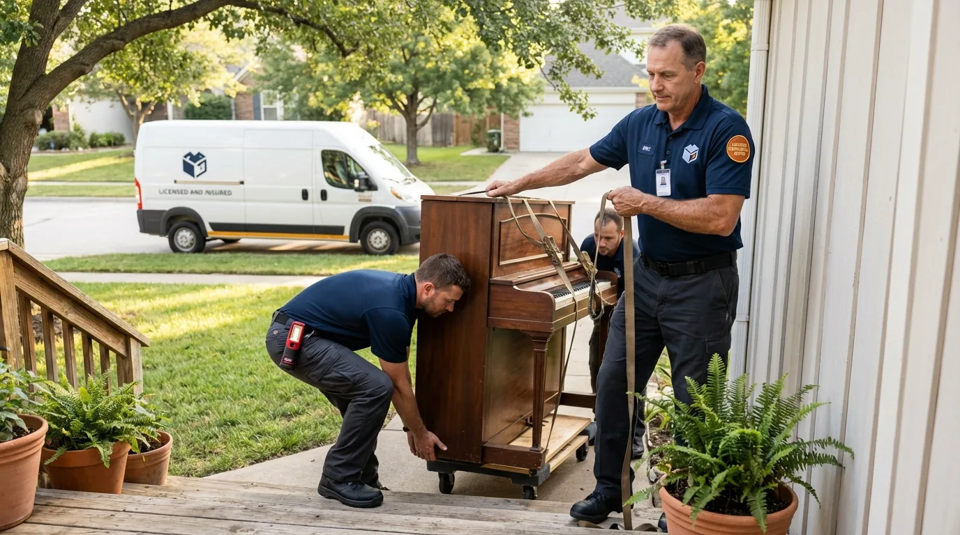 Licensed piano movers securing grand piano in Lindsborg, KS