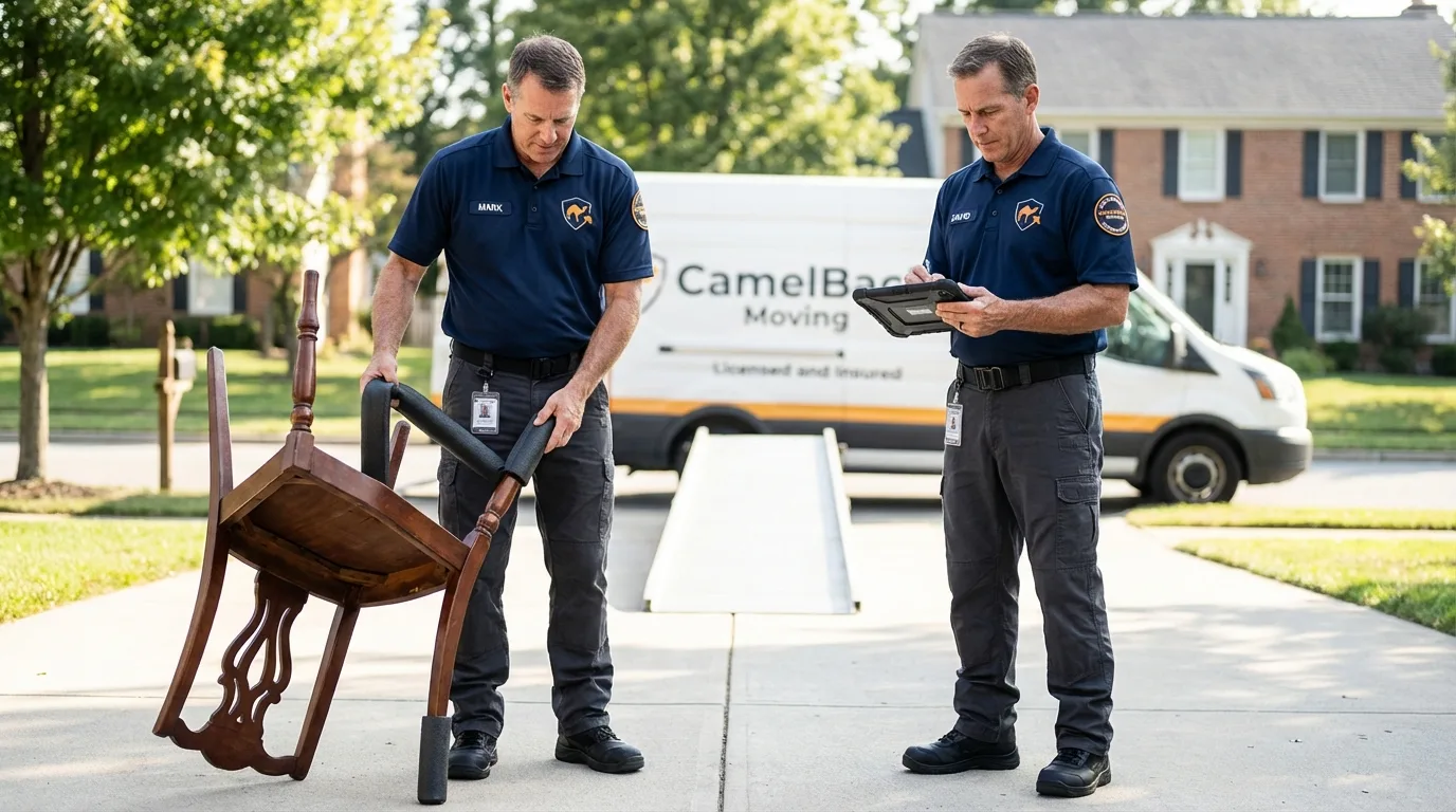Movers inspecting furniture for damage prevention before loading in Lindsborg, KS